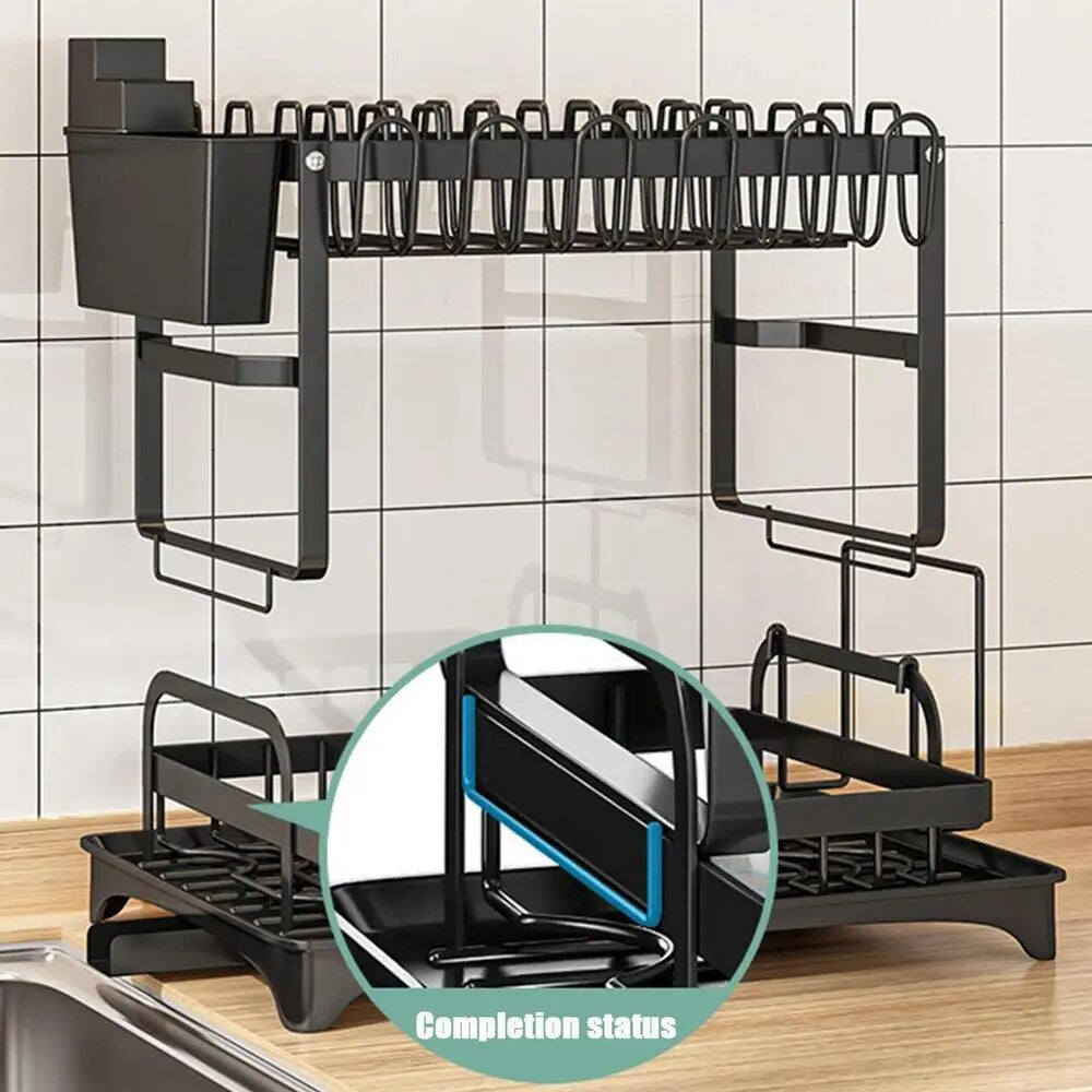 Rust-Proof Carbon Steel Dish Drainer Set with Cup Holder and Drying Board - Space-Saving Kitchen Counter Dish Rack