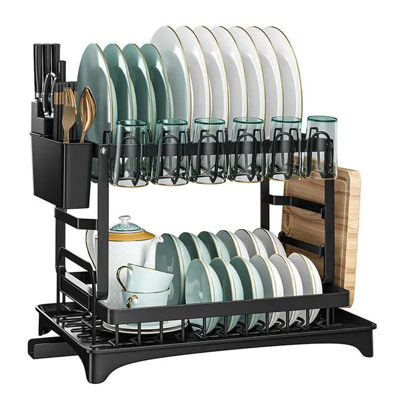 Rust-Proof Carbon Steel Dish Drainer Set with Cup Holder and Drying Board - Space-Saving Kitchen Counter Dish Rack