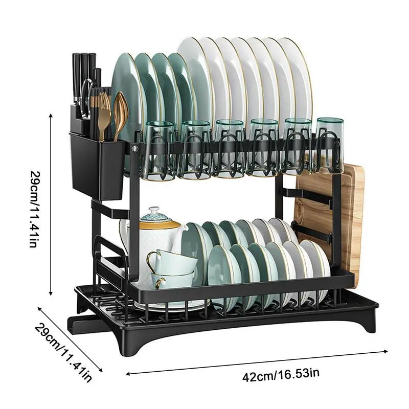 Rust-Proof Carbon Steel Dish Drainer Set with Cup Holder and Drying Board - Space-Saving Kitchen Counter Dish Rack