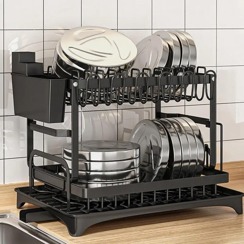 Rust-Proof Carbon Steel Dish Drainer Set with Cup Holder and Drying Board - Space-Saving Kitchen Counter Dish Rack