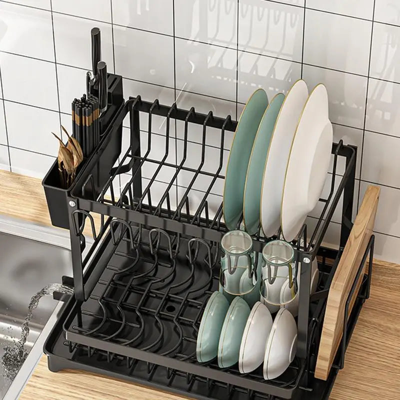 Rust-Proof Carbon Steel Dish Drainer Set with Cup Holder and Drying Board - Space-Saving Kitchen Counter Dish Rack