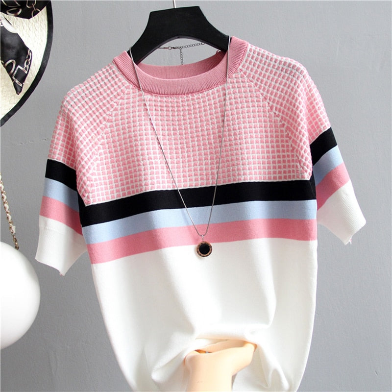 Knit Plaid Summer Short Sleeve Striped Pullover Women