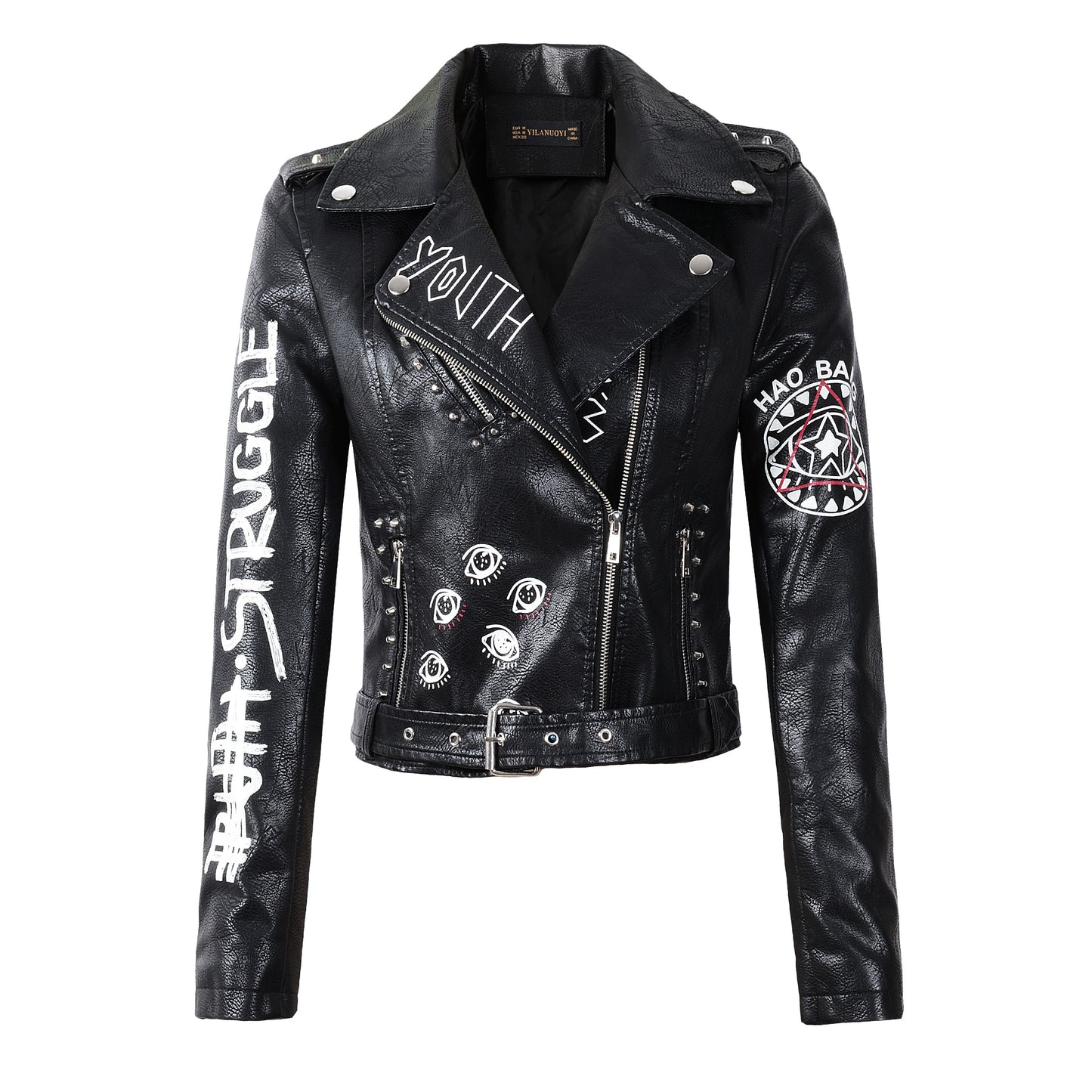 2022 New Leather Jacket Women Autumn Winter Faux Lady Black Pu Rivet Zipper Epaulet Print Motorcycle Biker Female Leather Coat