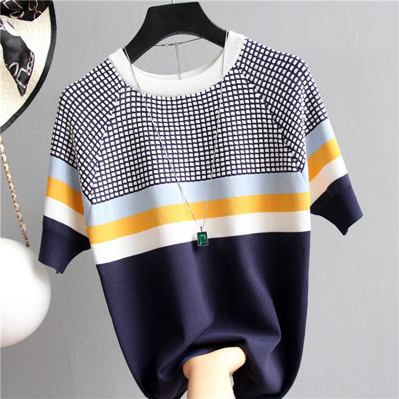 Knit Plaid Summer Short Sleeve Striped Pullover Women