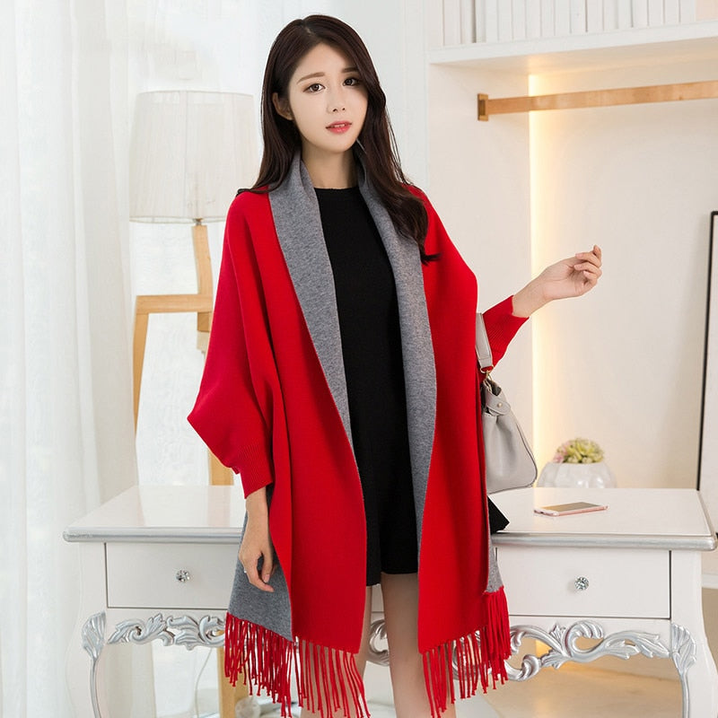 Winter Reversible Black Sleeve Poncho for Women Warm Scarf