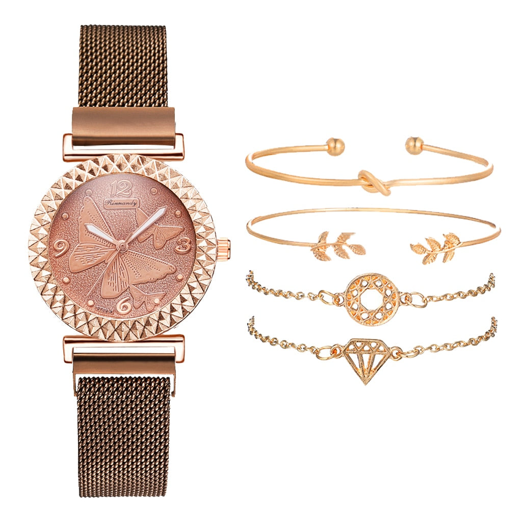 5PCS Women Watch Set Luxury Rose Gold