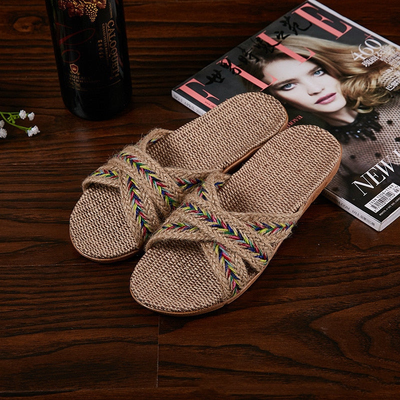 Women Indoor Slippers Home Flax Slides Summer