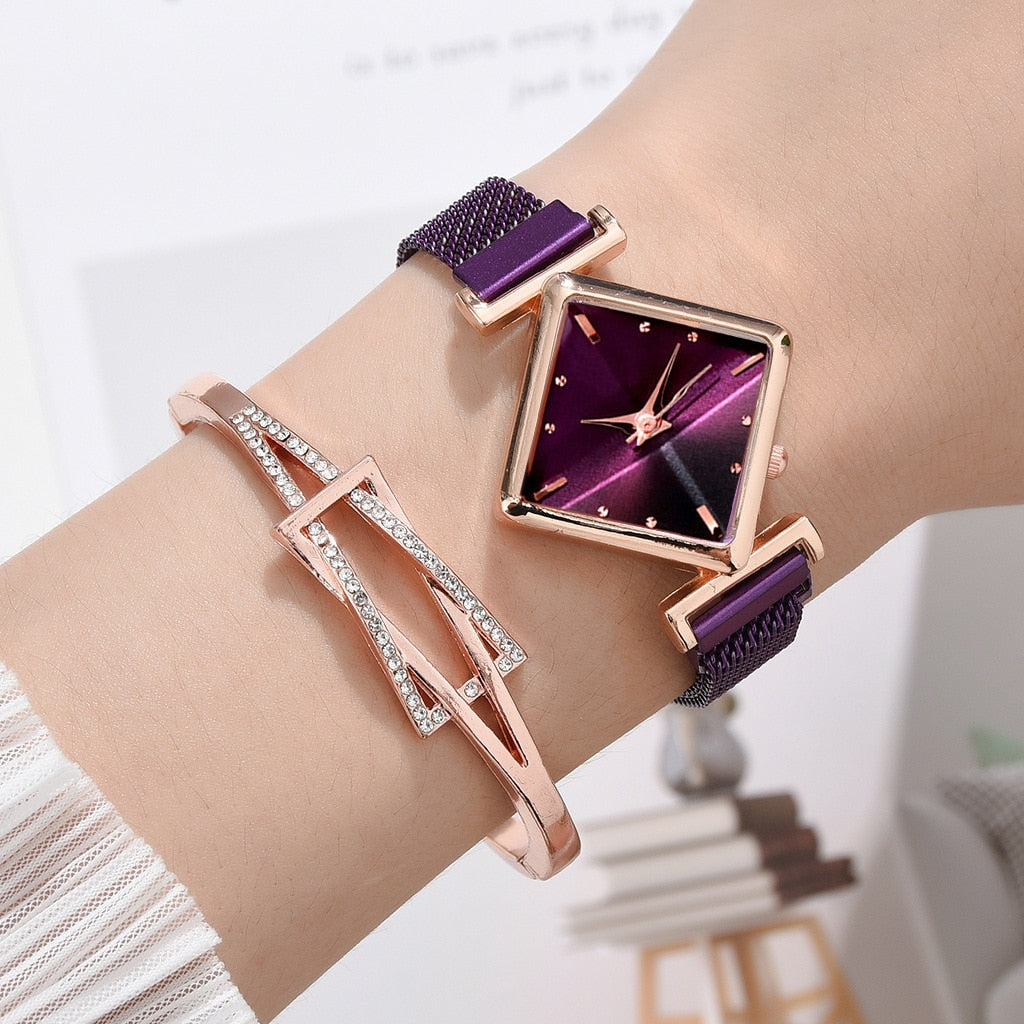 Rhombus Square Dial Watches Bracelet Set Quartz