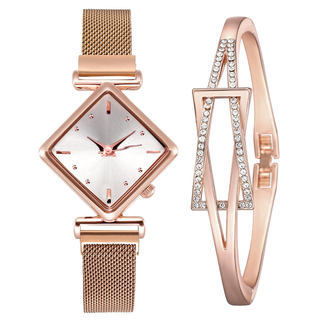 Rhombus Square Dial Watches Bracelet Set Quartz