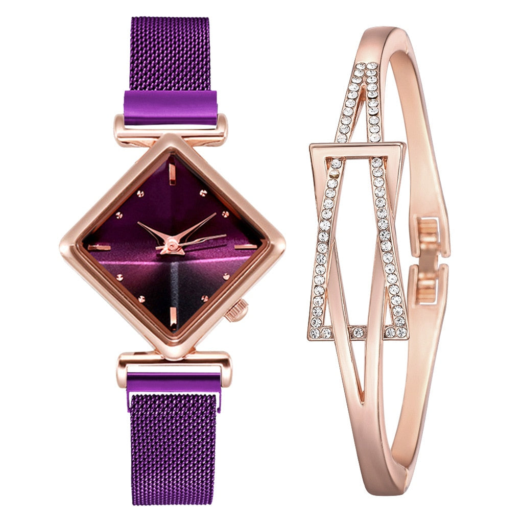 Rhombus Square Dial Watches Bracelet Set Quartz