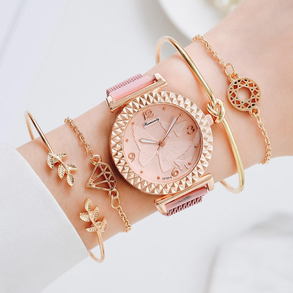 5PCS Women Watch Set Luxury Rose Gold