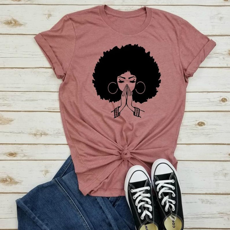 Pink lady print t shirt for women o neck tee shirts