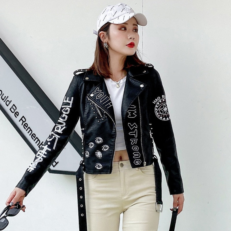 2022 New Leather Jacket Women Autumn Winter Faux Lady Black Pu Rivet Zipper Epaulet Print Motorcycle Biker Female Leather Coat