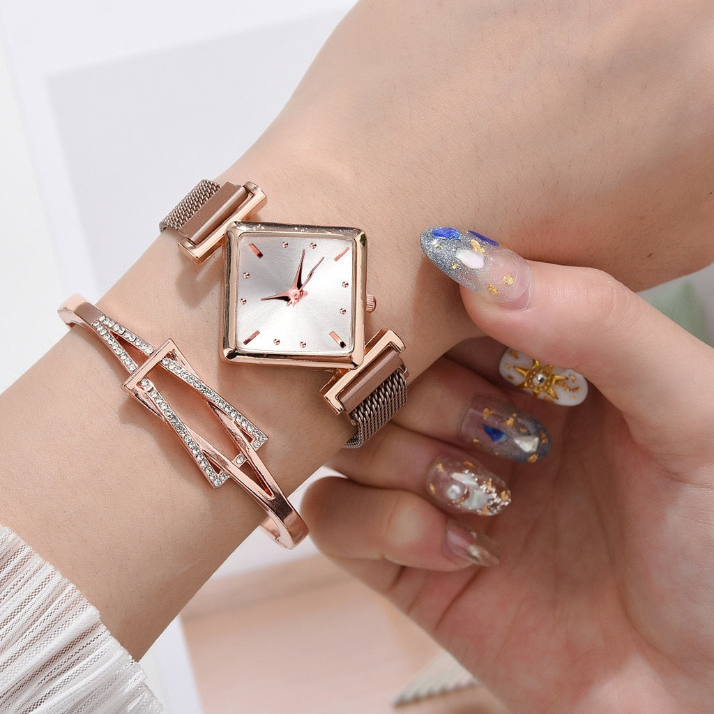 Rhombus Square Dial Watches Bracelet Set Quartz