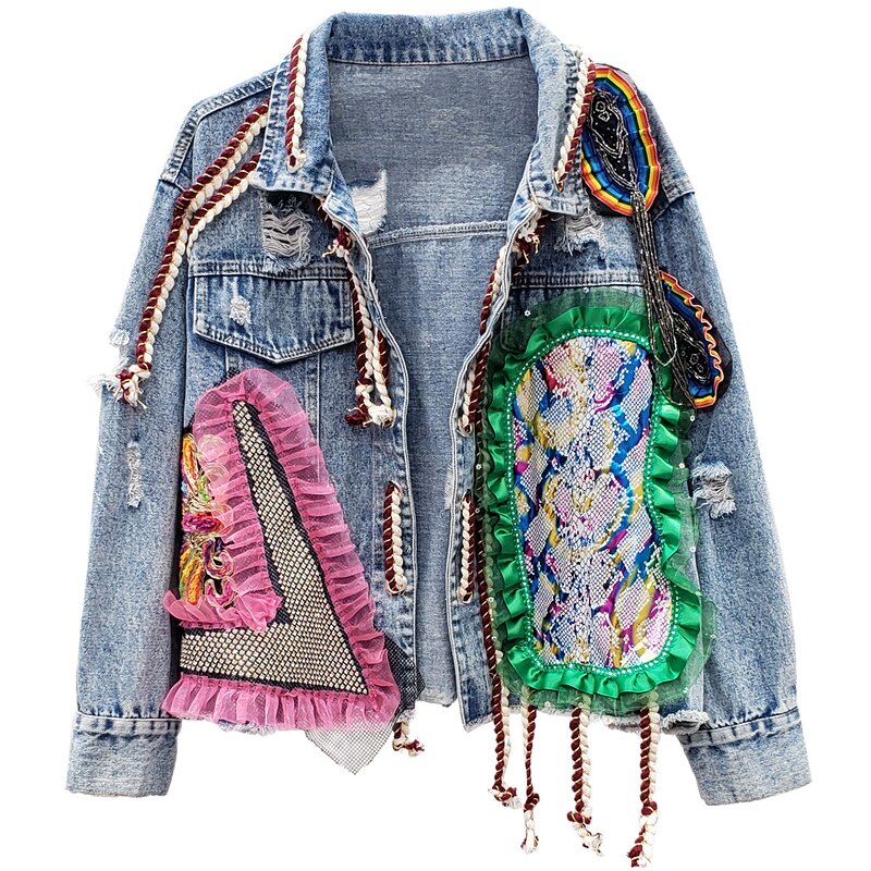 Spring Autumn Print Frayed Diamonds Denim Jacket