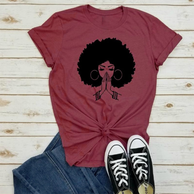 Pink lady print t shirt for women o neck tee shirts