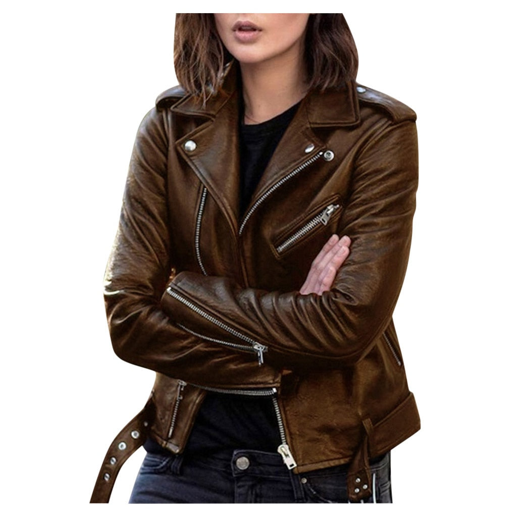 Autumn Short Jacket Solid Female Moto Biker Jackets