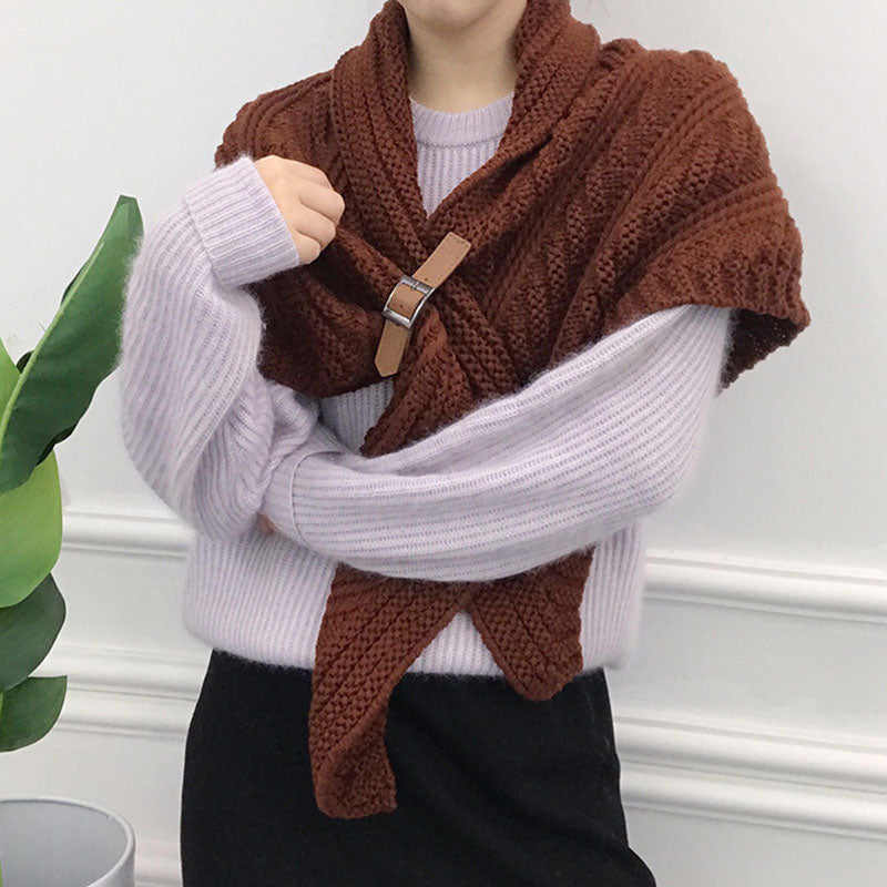 Winter Women Warm Knitted Triangle Scarf Leather Strap