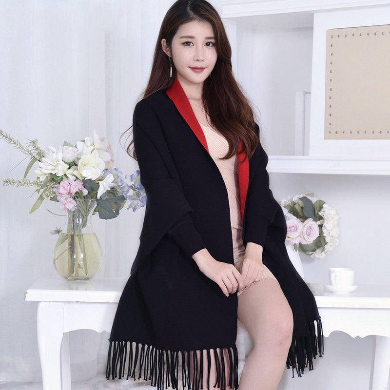 Winter Reversible Black Sleeve Poncho for Women Warm Scarf