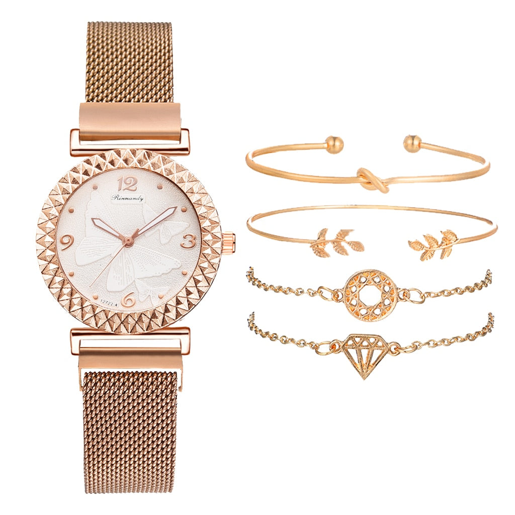 5PCS Women Watch Set Luxury Rose Gold