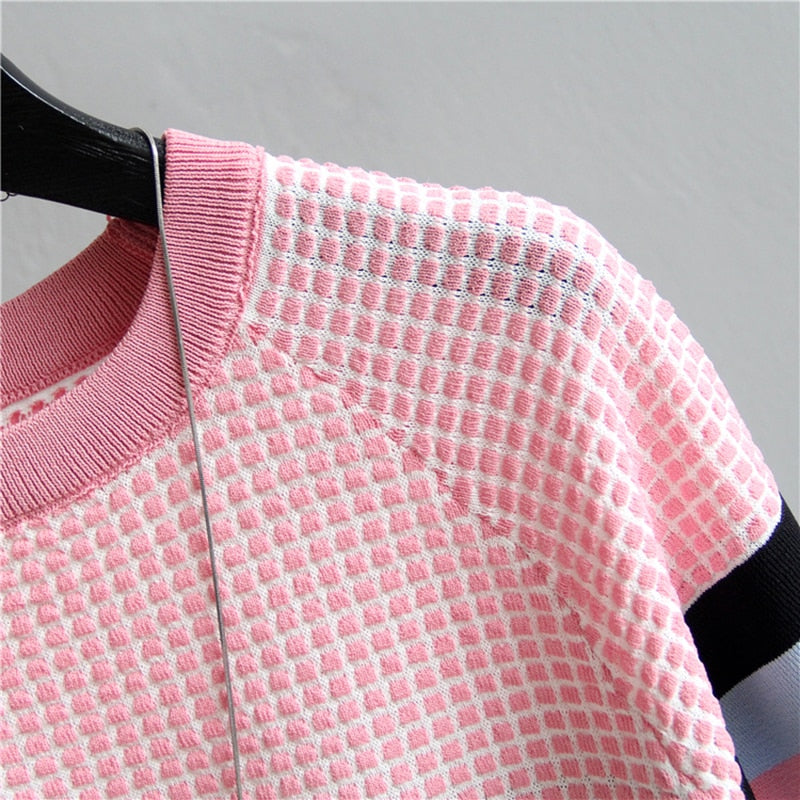 Knit Plaid Summer Short Sleeve Striped Pullover Women