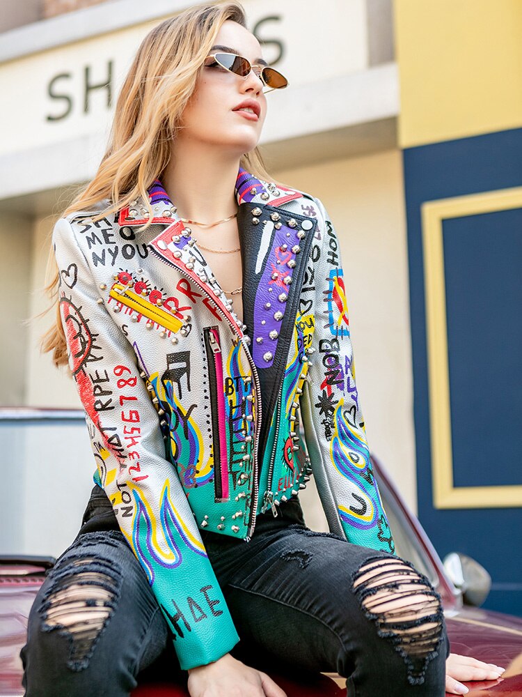 ZURICHOUSE Stylish Graffiti Print Women Leather Jacket