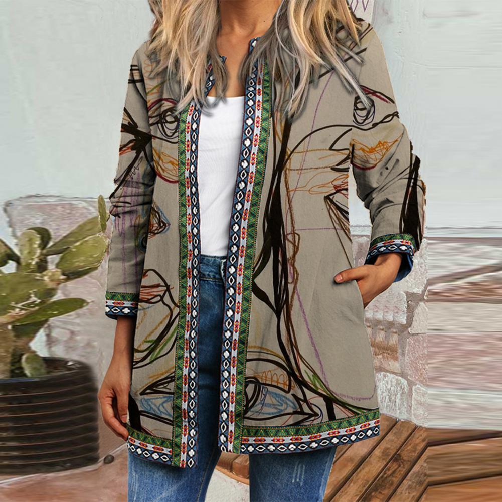 Loose Women Jacket Coat Ethnic Pocket Vintage