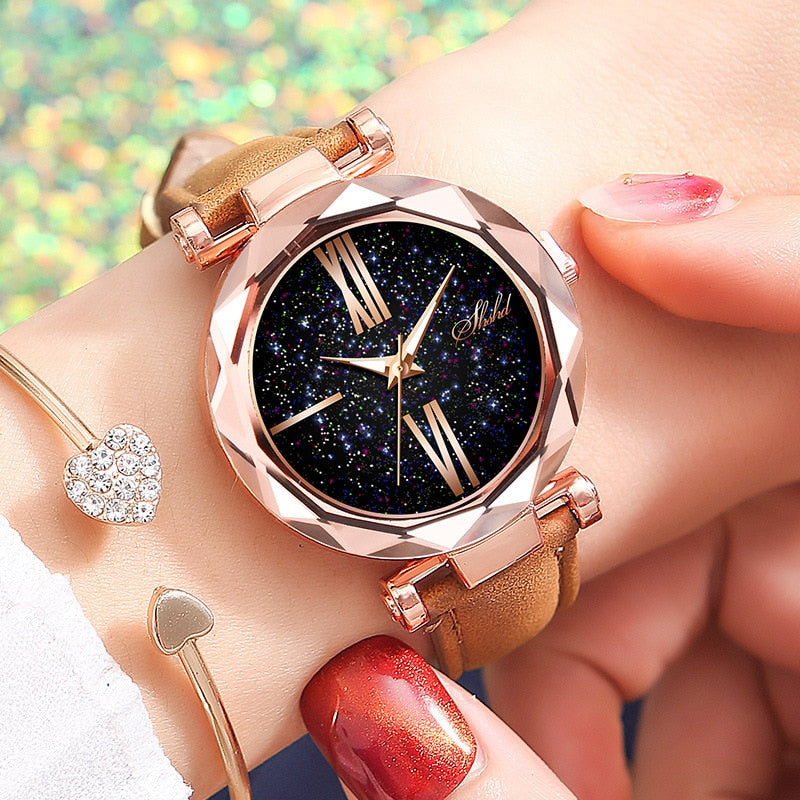 Leather Starry Sky Woman Watch Luminous