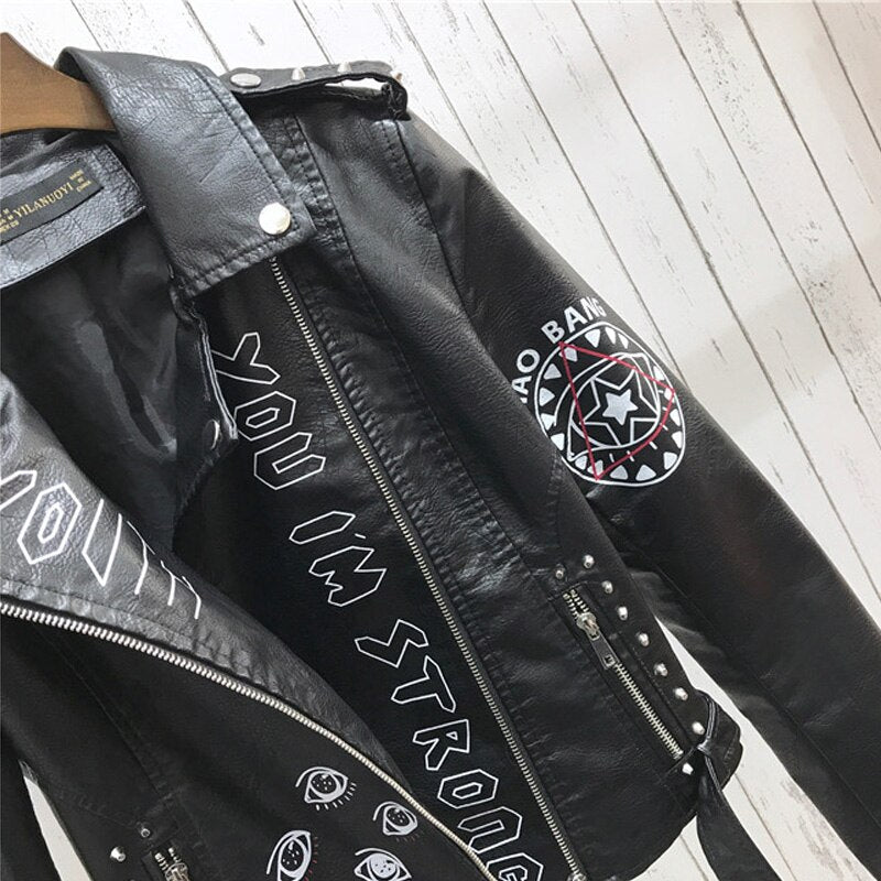 Spring Women Faux Leather Jacket Turn-Down Collar