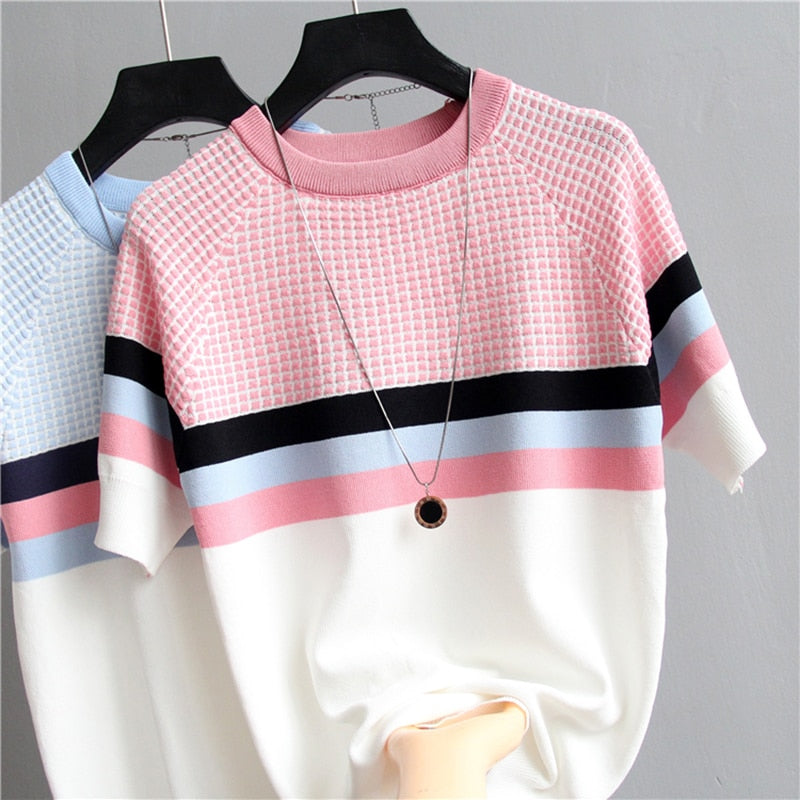 Knit Plaid Summer Short Sleeve Striped Pullover Women