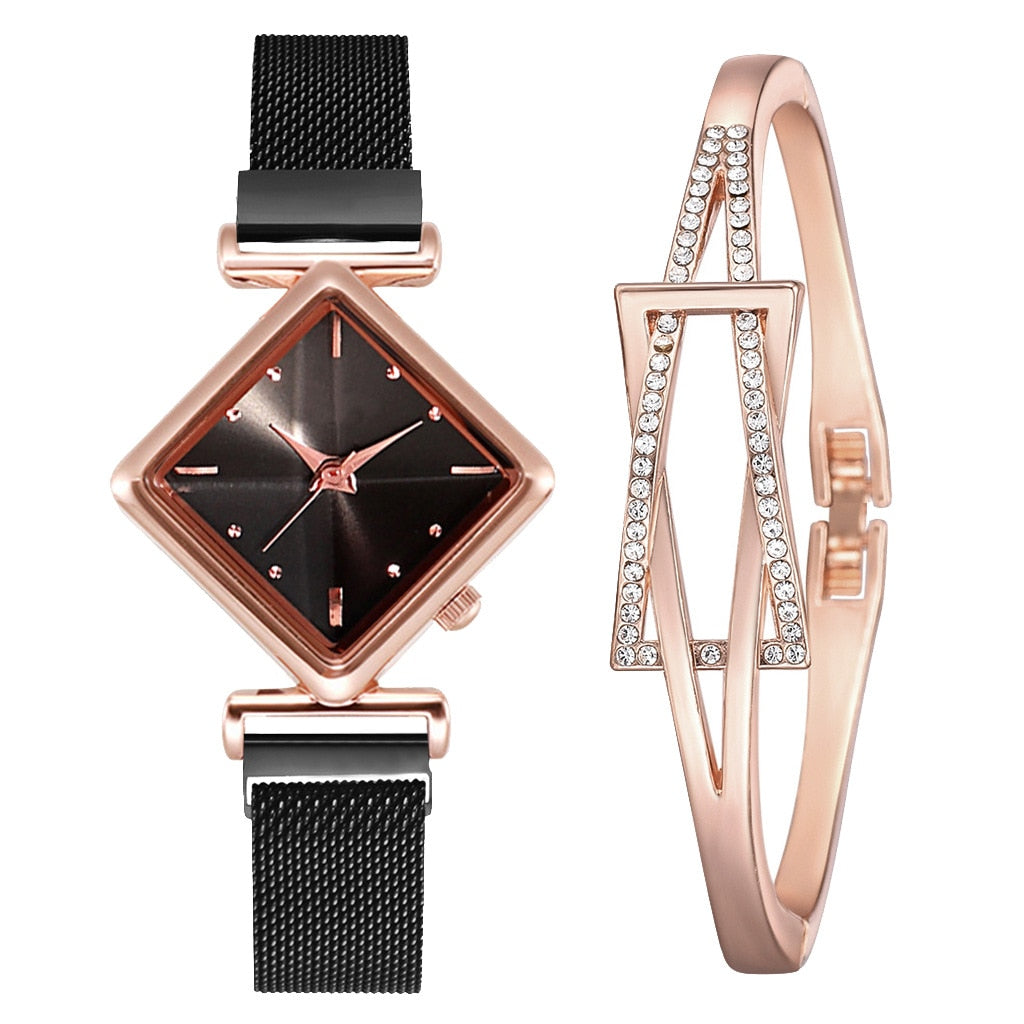 Rhombus Square Dial Watches Bracelet Set Quartz