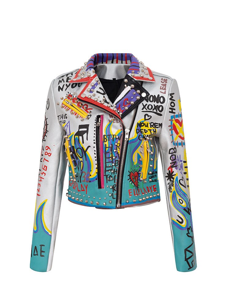 ZURICHOUSE Stylish Graffiti Print Women Leather Jacket