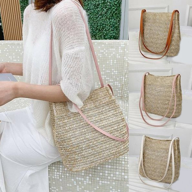 Women Crossbody Shoulder Bag Knitted Straw