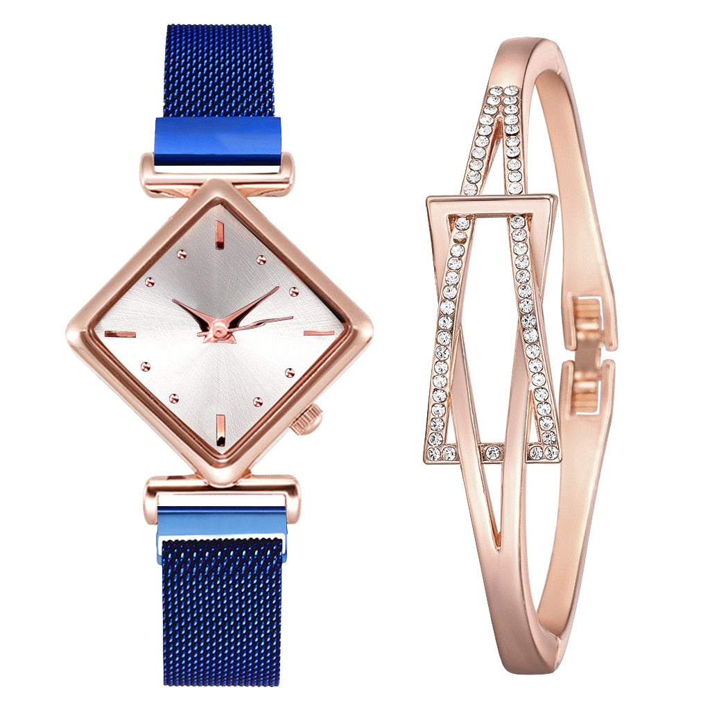 Rhombus Square Dial Watches Bracelet Set Quartz