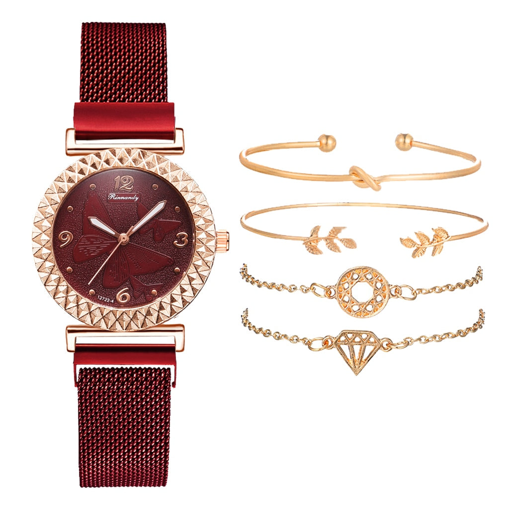 5PCS Women Watch Set Luxury Rose Gold