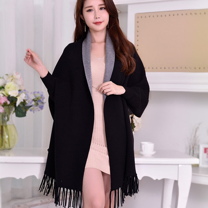 Winter Reversible Black Sleeve Poncho for Women Warm Scarf