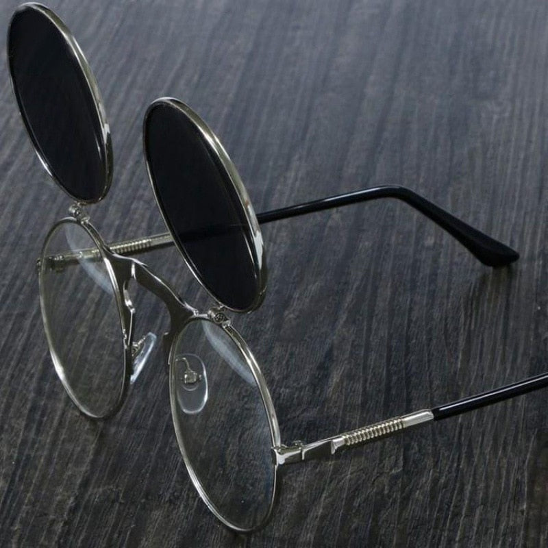 Retro Flip Round Sunglasses Men Women Metal