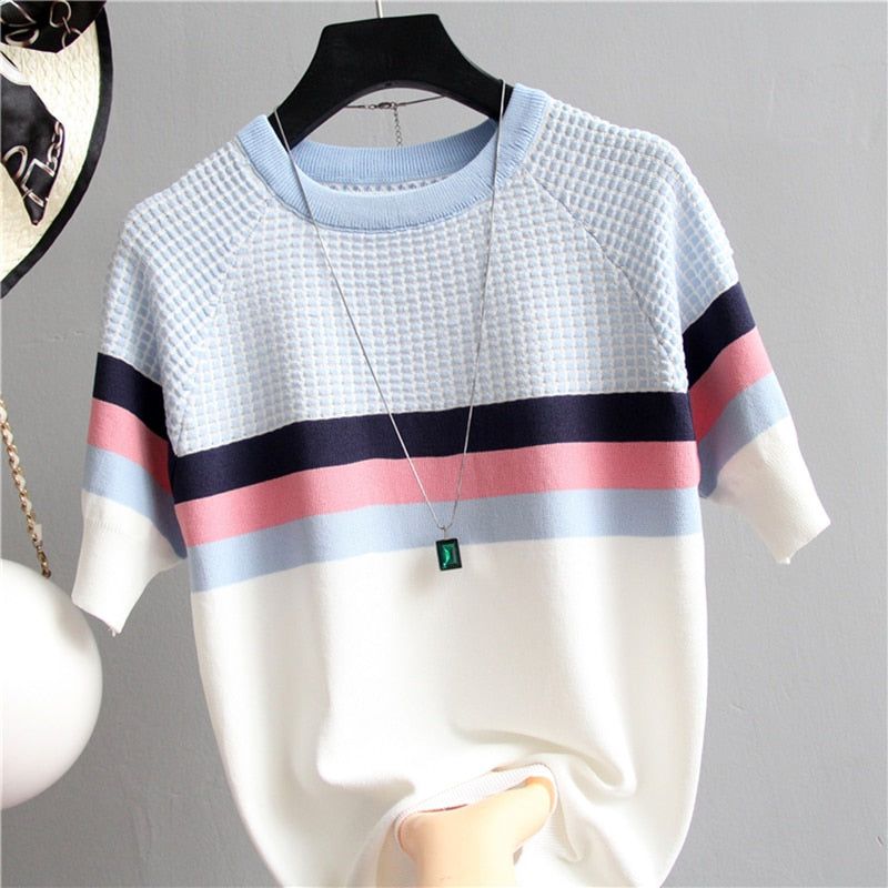 Knit Plaid Summer Short Sleeve Striped Pullover Women