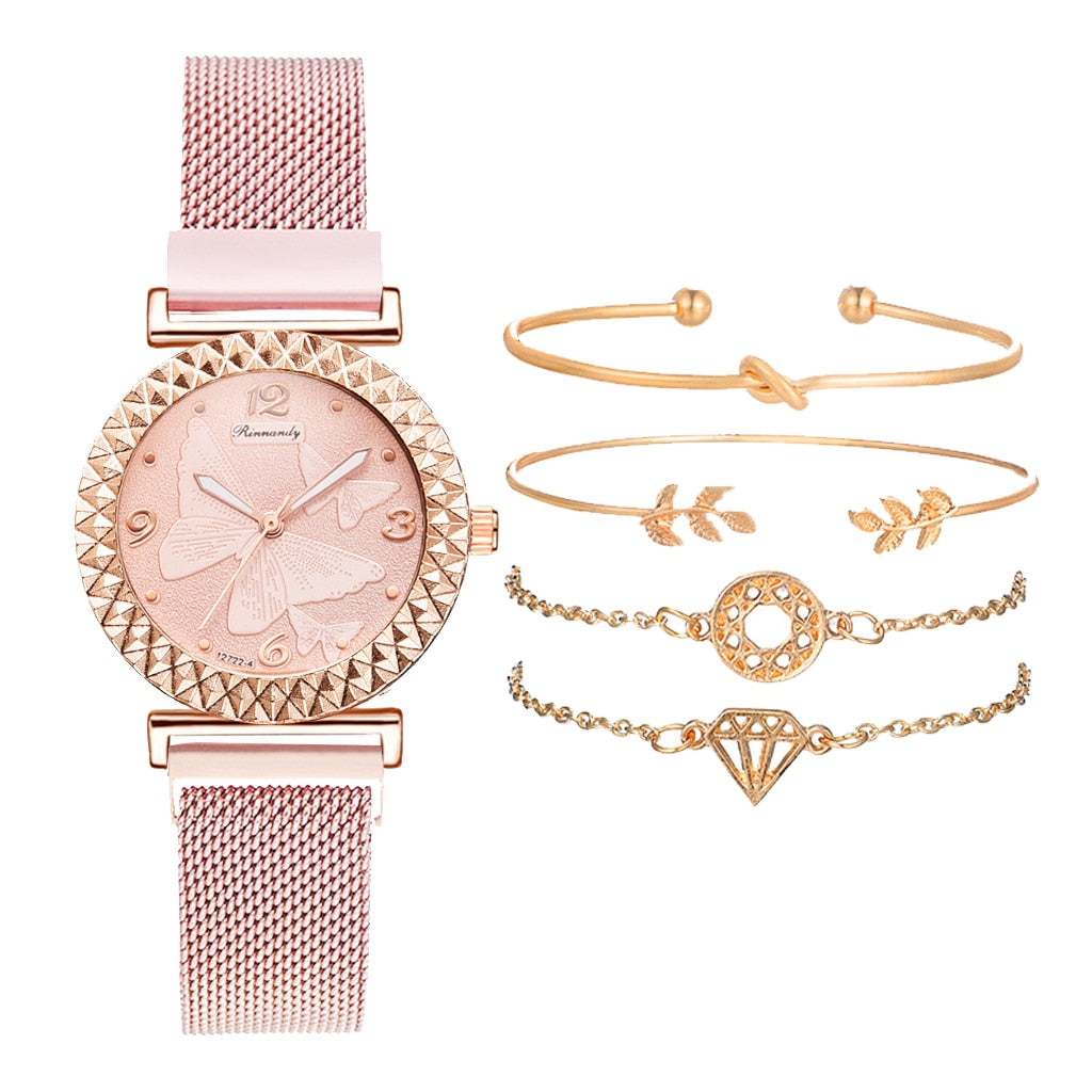 5PCS Women Watch Set Luxury Rose Gold