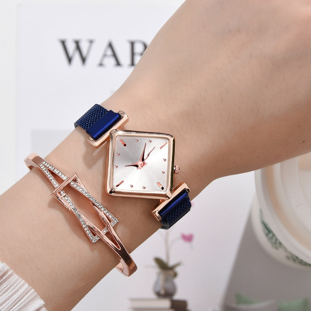 Rhombus Square Dial Watches Bracelet Set Quartz