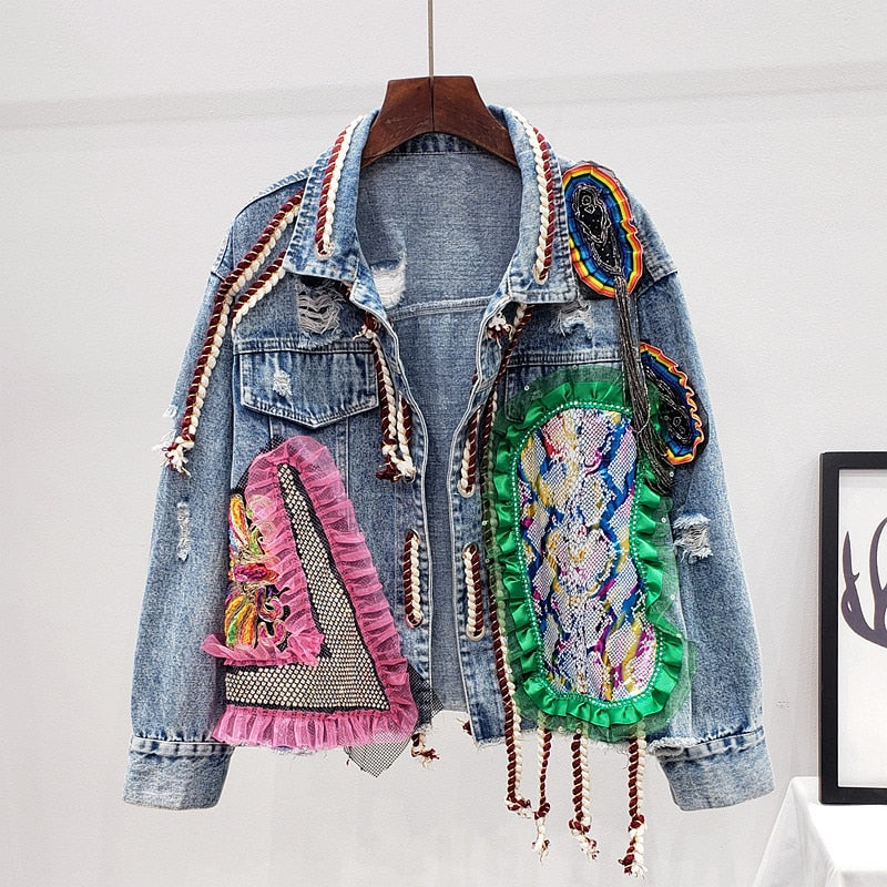 Spring Autumn Print Frayed Diamonds Denim Jacket