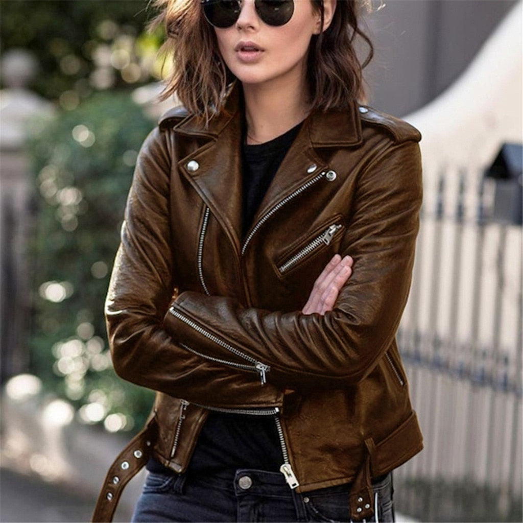 Autumn Short Jacket Solid Female Moto Biker Jackets