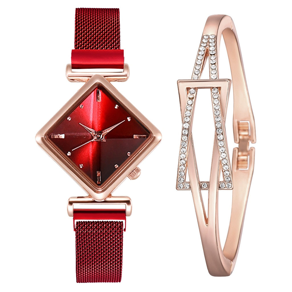 Rhombus Square Dial Watches Bracelet Set Quartz