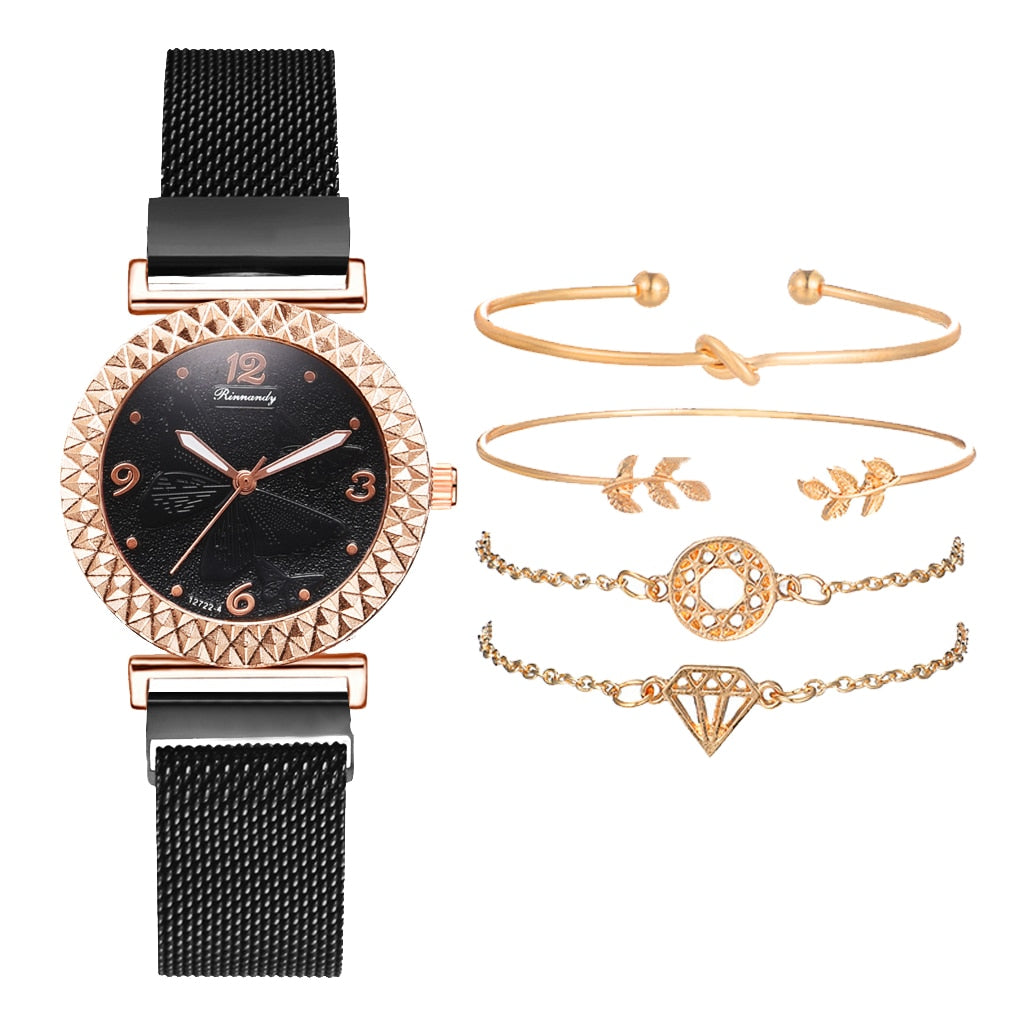 5PCS Women Watch Set Luxury Rose Gold