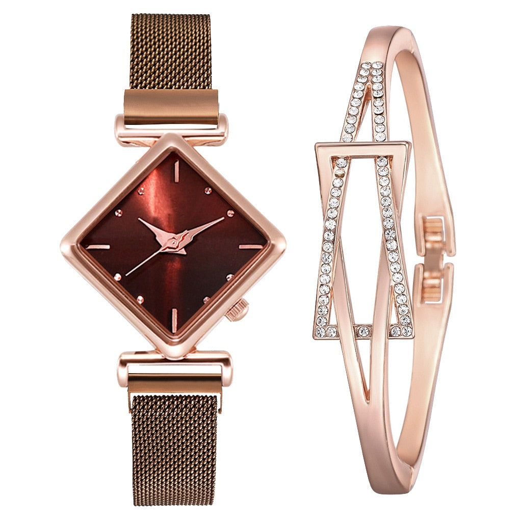 Rhombus Square Dial Watches Bracelet Set Quartz