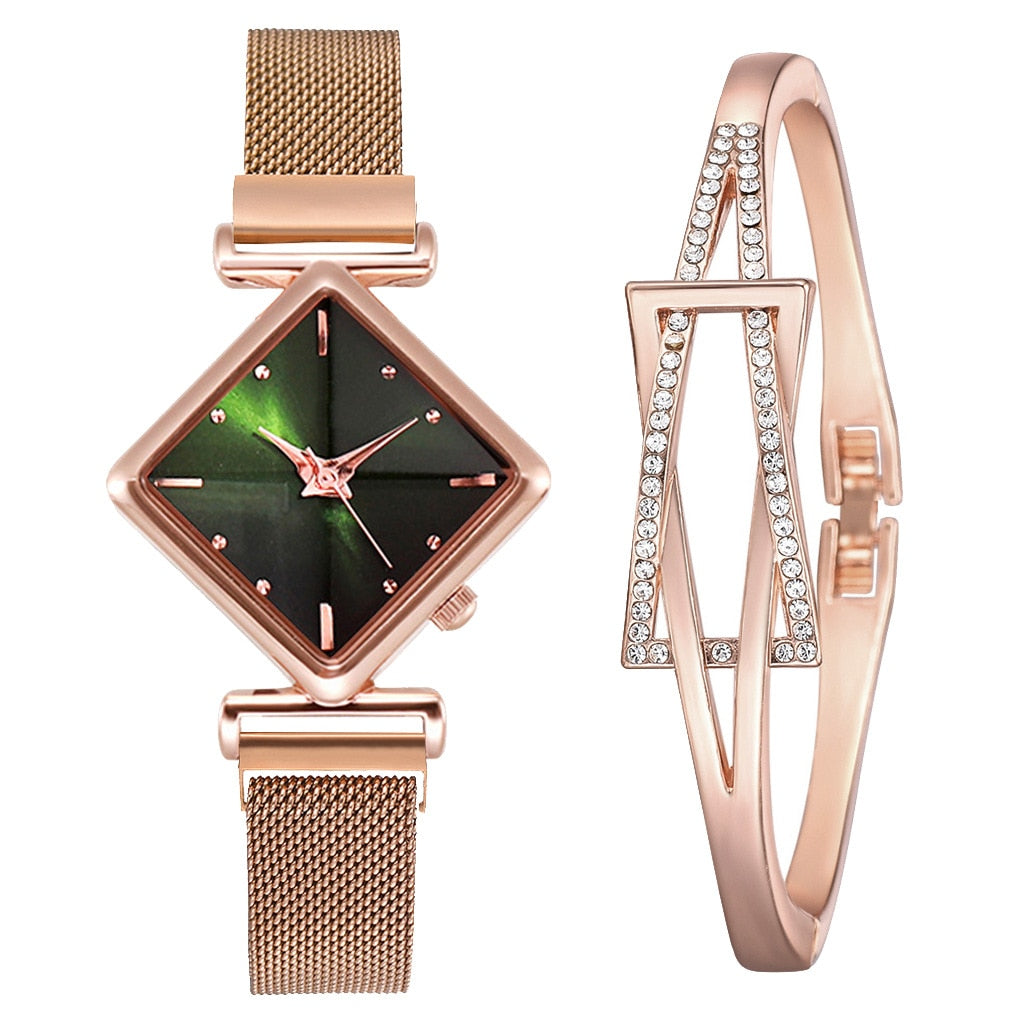 Rhombus Square Dial Watches Bracelet Set Quartz