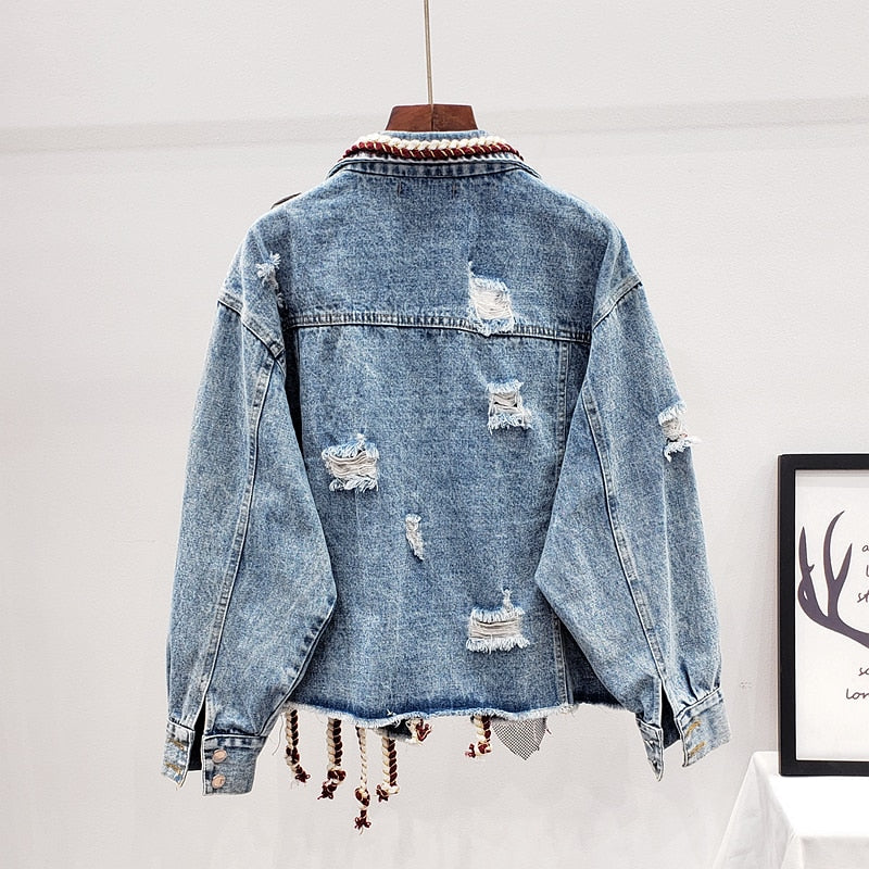 Spring Autumn Print Frayed Diamonds Denim Jacket