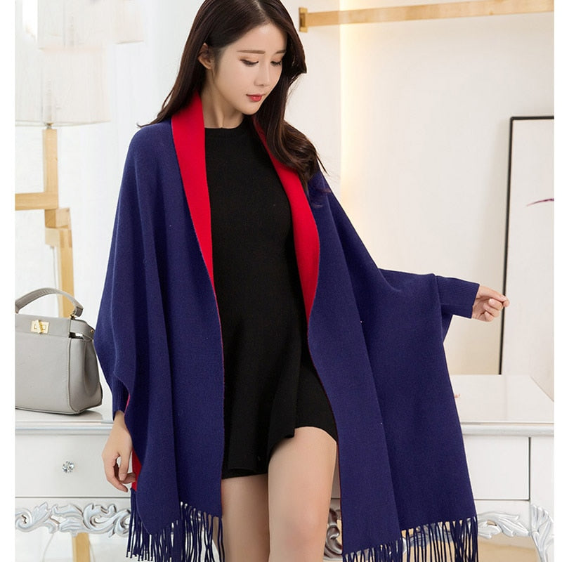 Winter Reversible Black Sleeve Poncho for Women Warm Scarf