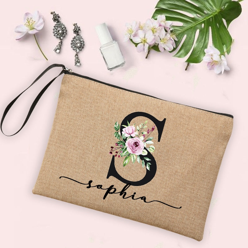 Flower Initial Letter Custom Name Cosmetic Bag Women