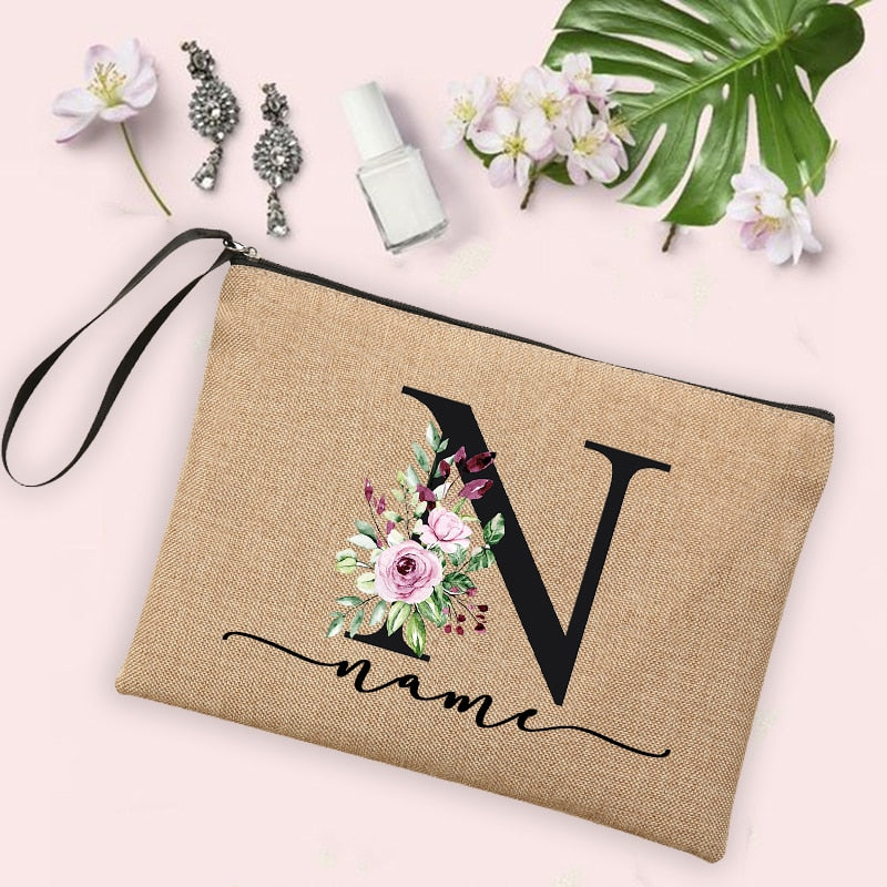 Flower Initial Letter Custom Name Cosmetic Bag Women